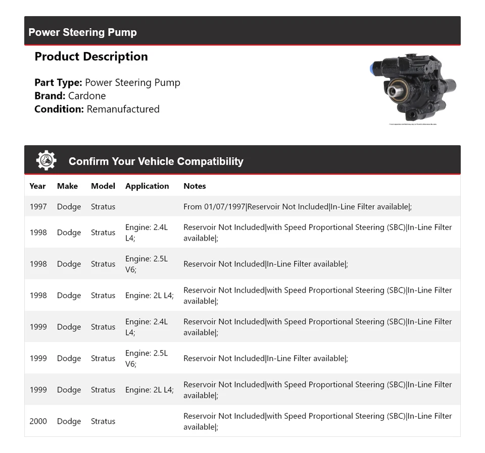 Bomba de dirección asistida Cardone 1998 1999 para Dodge Stratus 1997-2000 Foto 2 de 4