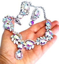 AB Crystal Choker Rhinestone Necklace Earring Set Bridal Prom Pageant