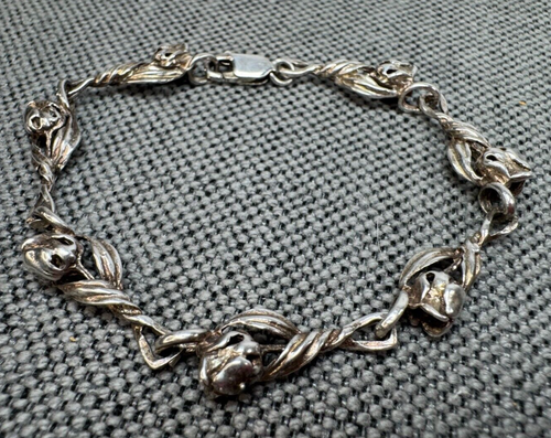Vintage Art Nouveau Revival Rose Sterling Silver Flower Link 925 Bracelet 7" - Picture 2 of 5