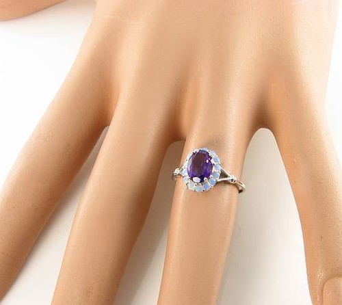 CRISP 9CT 9K WHITE GOLD AMETHYST & OPAL ART DECO INS CLUSTER RING FREE SIZE - Picture 5 of 5