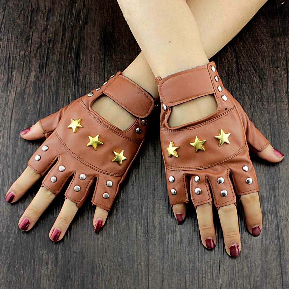 Brown Womens Star Studded Rock Biker Punk Fingerless Leather
