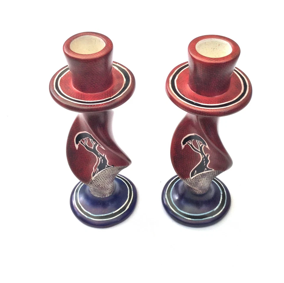 A Pair of Handmade Painted Candle Holders Elephant Design - 7" - Image 2 of 3