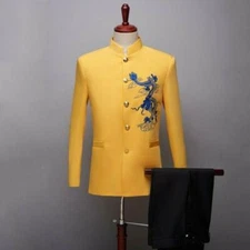 Men's Tuxedo Embroidery Stand Collar 2pcs Suit Blazer Coat Slim Fit Jacket Party