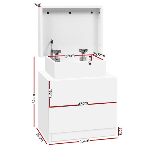 Artiss Bedside Table 2 Drawers Lift-up Storage - COLEY White - Picture 2 of 6