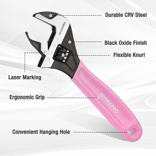 WORKPRO 2PCS 6" 10" Pink Adjustable Wrench Set Wide Jaw Black Oxide Metric & SAE - Picture 4 of 11
