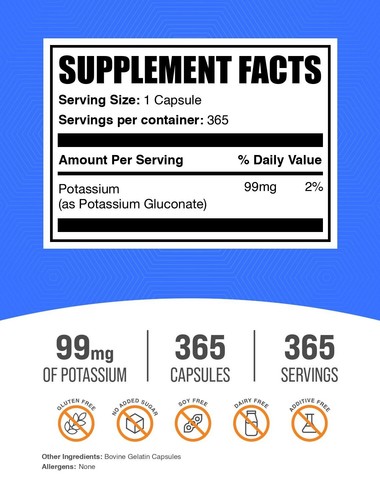 BulkSupplements Kaliumgluconat 365 Kapseln - 99mg Kalium pro Portion - Bild 2 von 5