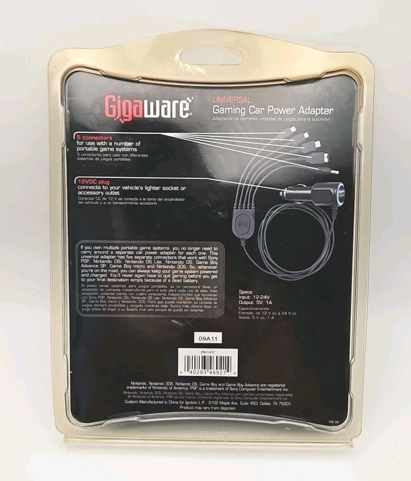 Gigaware Universal Gaming Car Power Adapter 2601437 NEW DS DSLITE 3DS Gameboy - Image 2 of 2