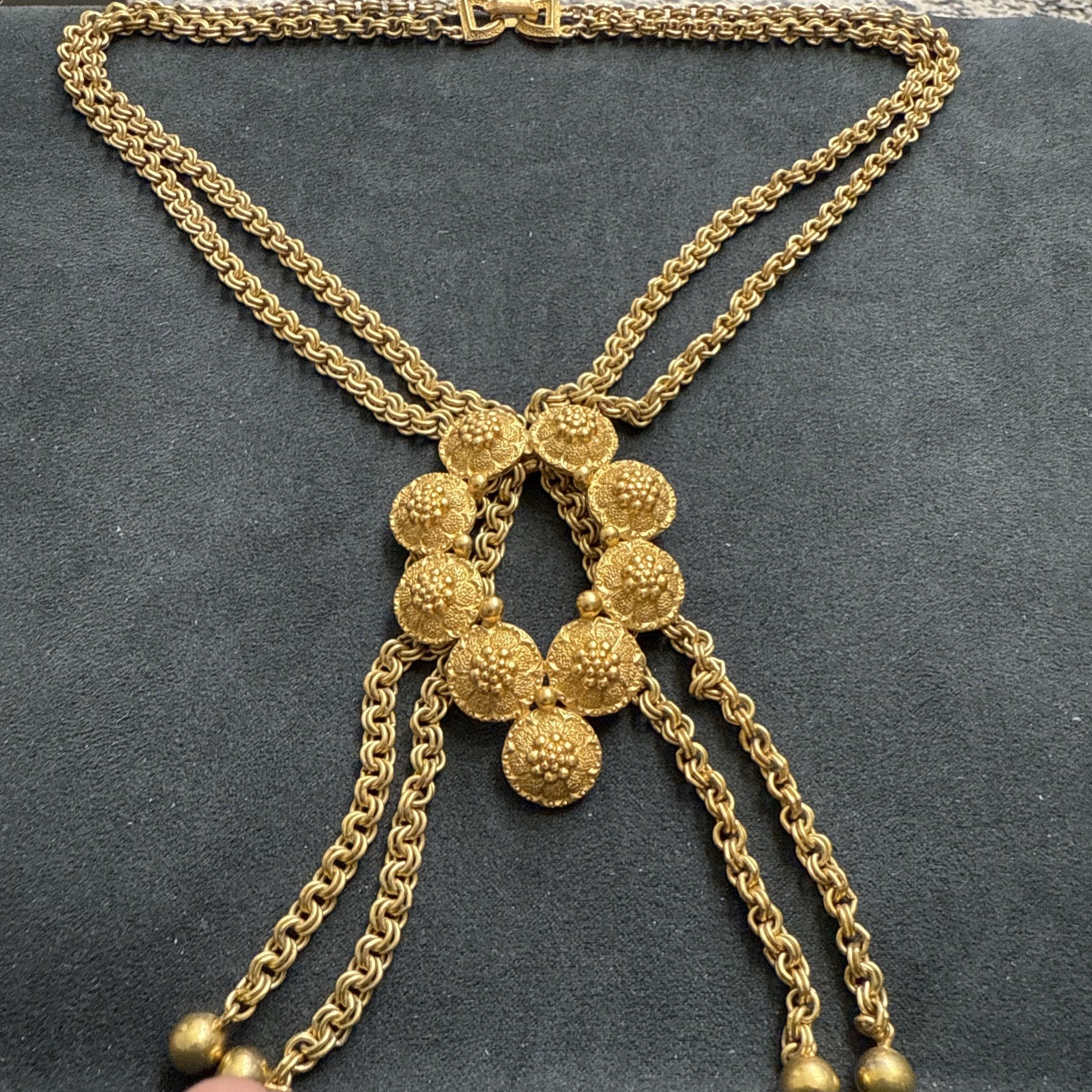 Vintage Crown Trifari Gold Tone Bolo Necklace Floral Tassel Statement Necklace