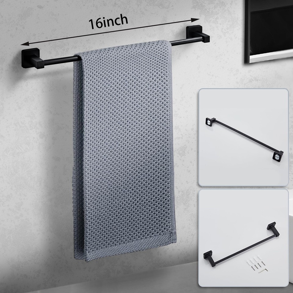 Bluebyrne 4-Piece Matte Black Bathroom Hardware Set – Towel Bar, Wall Mount, Stainless Steel/Zinc, USA Made