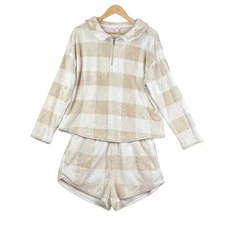 NEW Crown & Ivy Buff White/Tan Fuzzy Soft Cozy Plaid Loungewear 2 Piece Set XL
