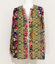 Johnny Was Rosey Tate Silk Blouse Top Flowy Multicolor Boho Resort Size XL