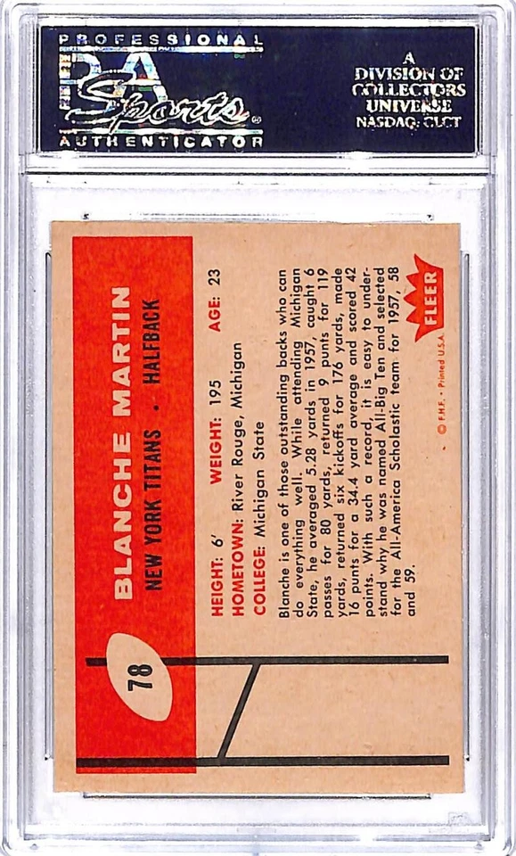 1960 Fleer #78 Blanche Martin New York Titans Football Card PSA 7 NM ID:45694 - Image 2 of 2