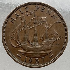 1937 HALF 1/2 PENNY Coin ~King George VI~ Sir Francis Drake Ship ~ NICE COIN