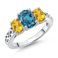 2.40 Ct Oval London Blue Topaz Yellow Citrine 925 Sterling Silver Ring