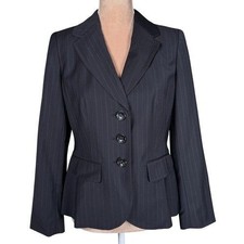 Ann Taylor Women's 4P Petites Black Pinstripe Blazer Wool Blend P0851