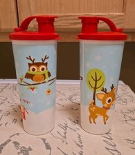 2 Tupperware Tumbler Cups Flip-Top Lids 16 oz. Winter Holiday Theme