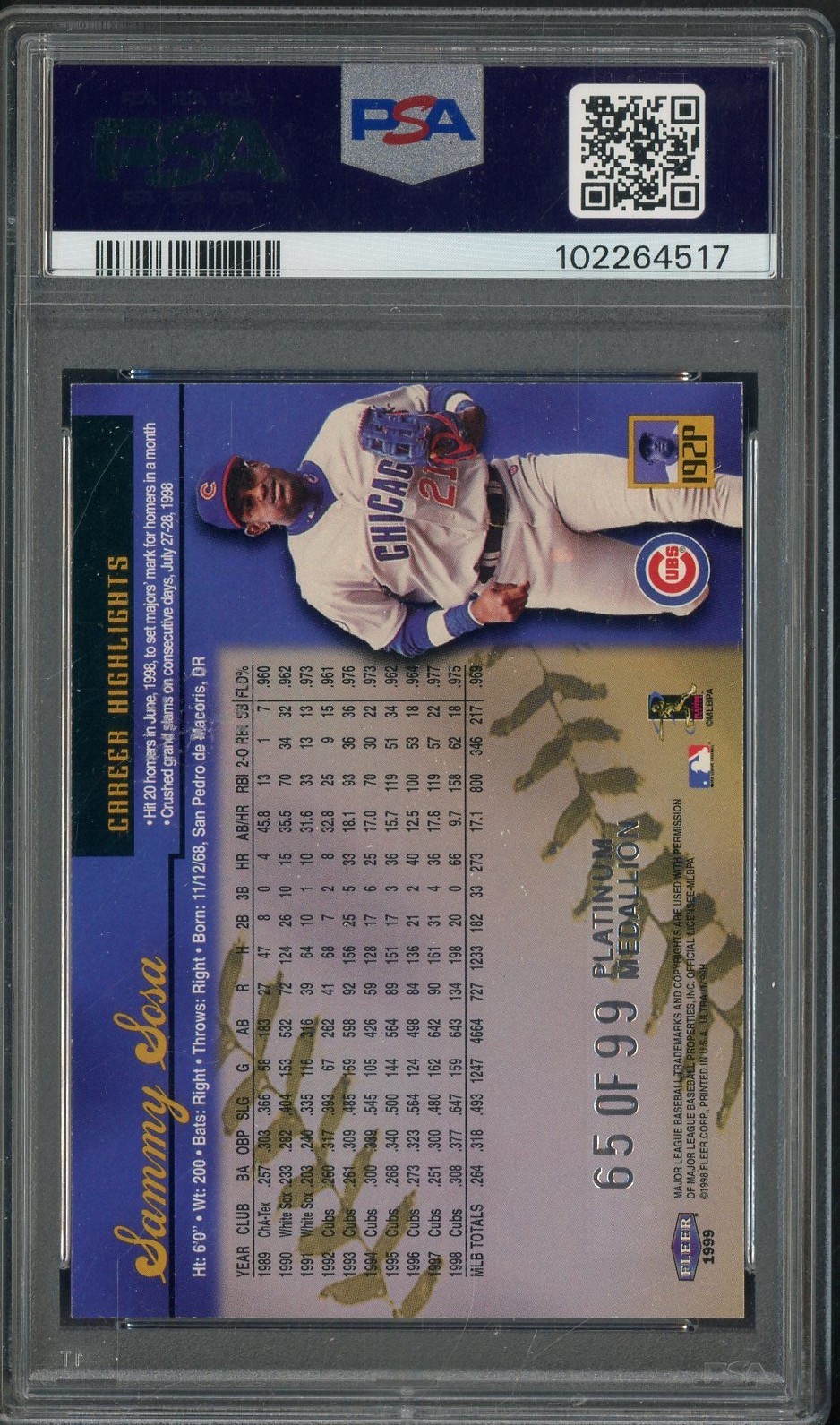 1999 Fleer Ultra Sammy Sosa Platinum Medallion Chicago Cubs 65/99 PSA 7 view 2
