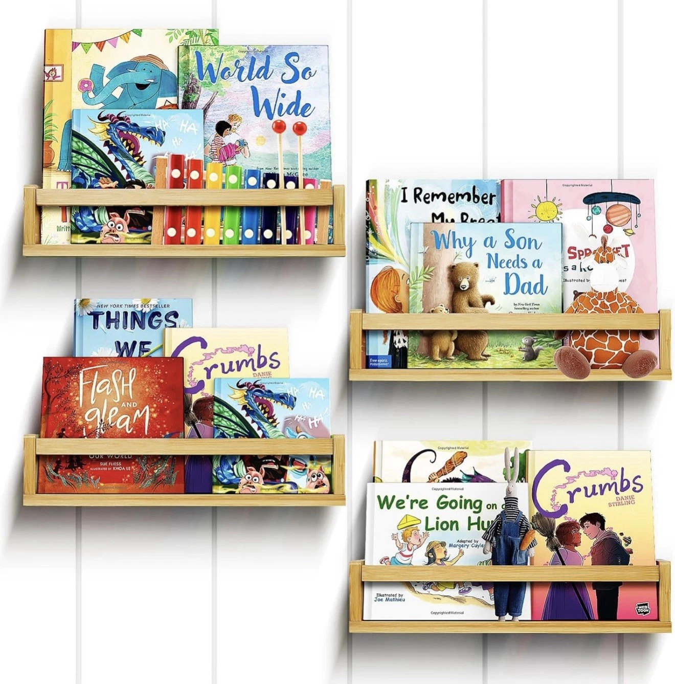 Ollieroo Set of 4 Floating Book Shelves for Wall Bamboo - A0108