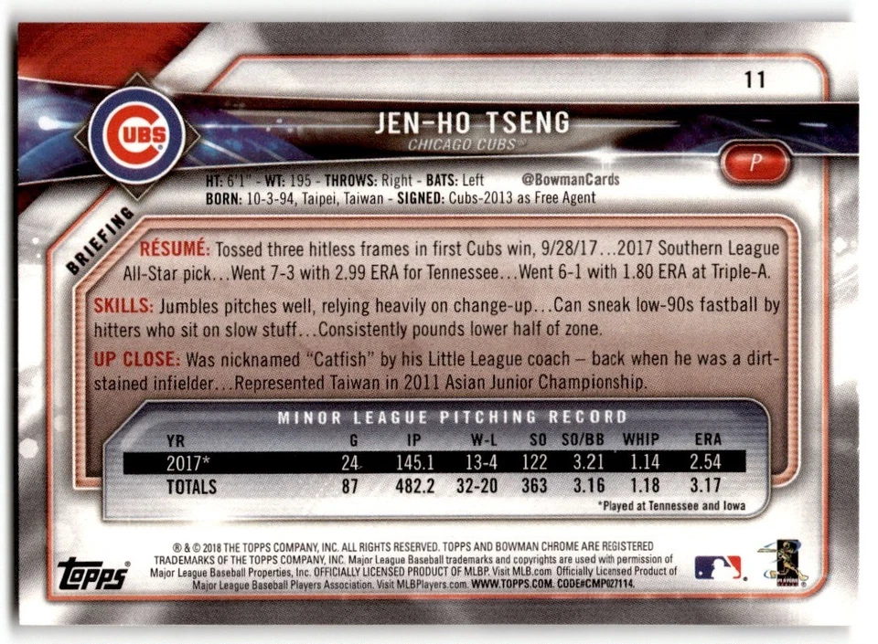 Jen-Ho Tseng 2018 Bowman Rookie #11 Chicago Cubs - Image 2 of 2