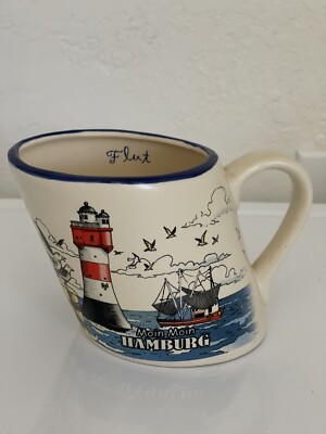  Hamburg Souvenir Slanted Tea Coffee Cup Mug 2-3 oz Boat Lighthouse Flut Ebbe