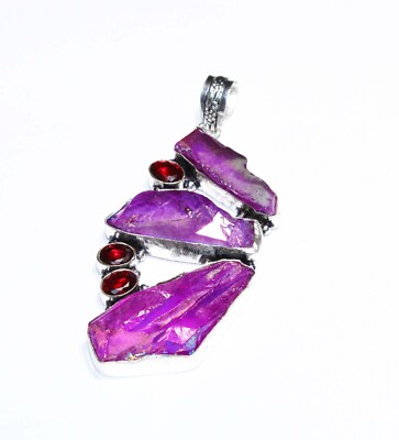 Sun Shine Druzy Red Garnet Handmade Gemstone Jewelry Pendant Size 3.5 inches