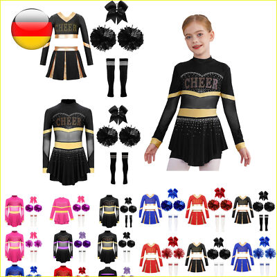 Mädchen Cheerleadering Uniform mit Pompoms Cheer Leader Kostüm Fasching Party 