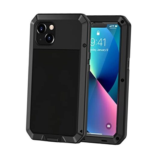 Lanhiem iPhone 13 Metal Case, Heavy Duty Shockproof Tough Rugged Case Black