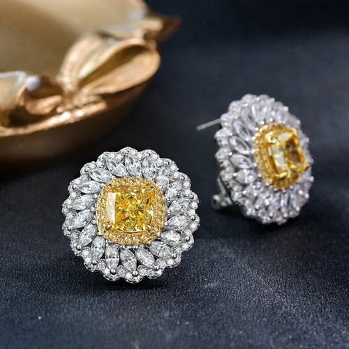 2Ct Cushion Cut Lab Created Citrine Women's Stud Earrings 14K White Gold Finish - Picture 4 of 5