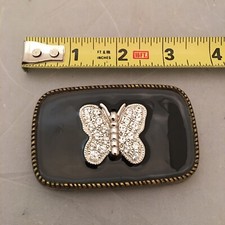 Western Belt Buckle Faithful Brand Black Background Silver Butterfly Women  s