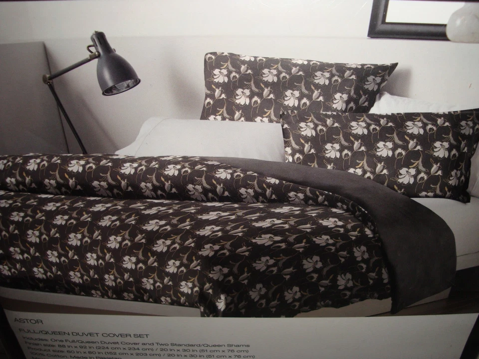 DKNY Astor полный королева пододеяльник комплект наволочки серый белое золото цветочный хлопок - Изображение 3 из 4