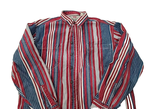 Vtg 90s LEVI's Men's Denim Shirt Red White Blue Striped Metal Buttons Fits Lg