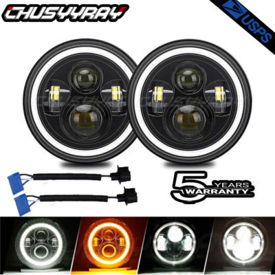 Pair 7'' Inch Round LED Headlights Angle Eyes For Jeep Wrangler JK LJ TJ CJ