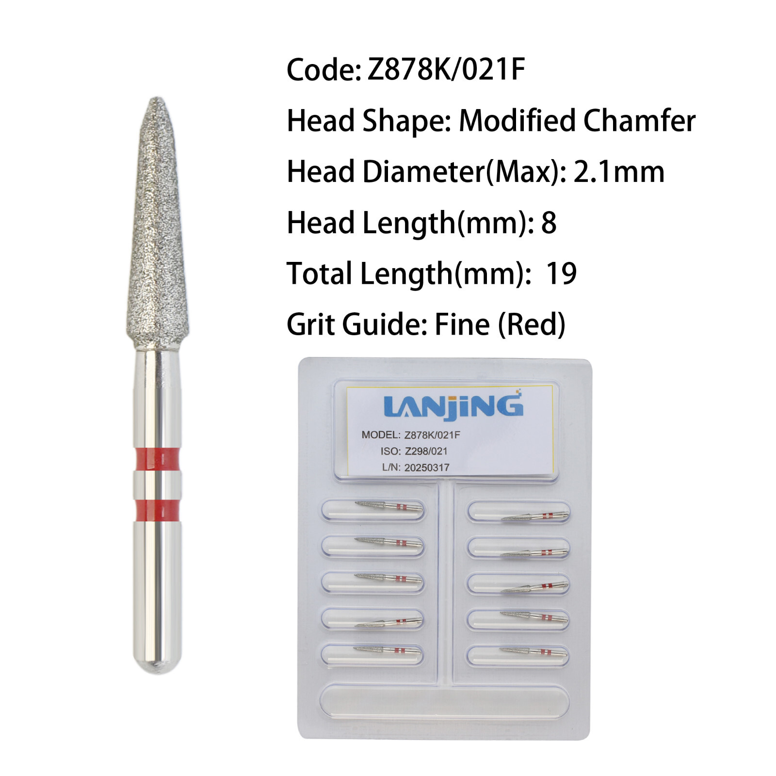 Zirconia Diamond Burs Dental Z878K/021F Modified Chamfer Fine Grit FG High Speed