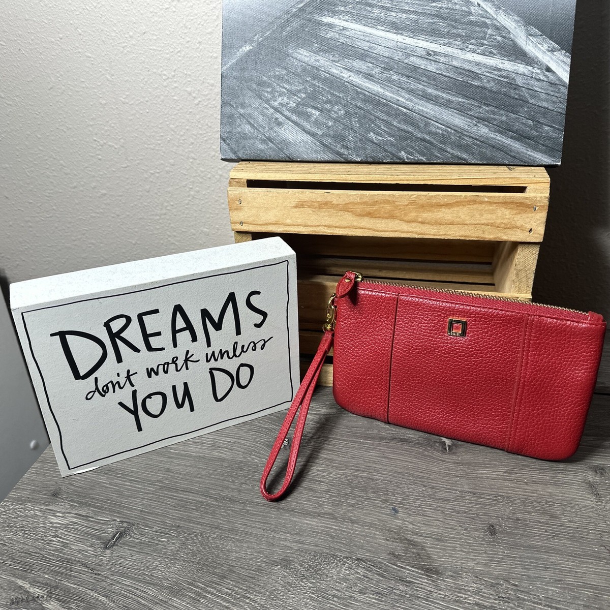 LODIS Red Pebbled Leather Logo Zip Pouch Wallet Wristlet PreOwned