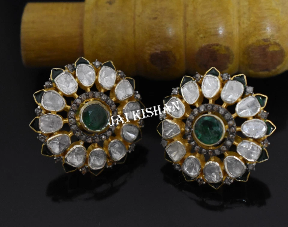 Smaragd Edelstein Polki Pave Diamant 925 Sterlingsilber Grüner Emaille Ohrring - Bild 4 von 4