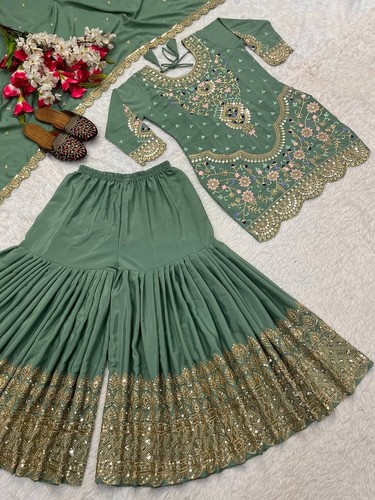 Traje Palazzo Diseñador Natural Crep Seda Verde Con Dupatta Para Recepción - Imagen 6 de 9