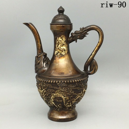 7.2" Chinese the Qing dynasty Copper gilding Dragon pattern Tall teapot - Picture 4 of 9