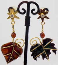 Lunch at the Ritz "LEAF" STAR Drop Dangle Enameled Gold Tone 2 1/2" Earrings