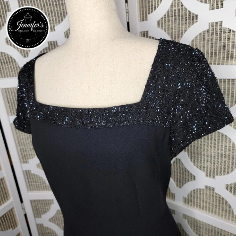Vestido Spenser Jeremy Para Mujer Vintage Negro Encaje Cuentas Cuello Cuadrado Talla 10 Foto 2 de 4