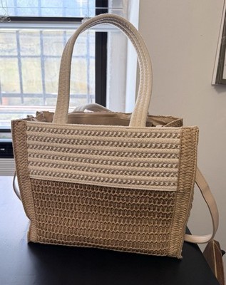 Woven Straw Tote Bag Beige/Ivory Top Handle Zip, Detachable Strap, Pockets