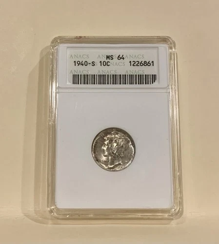1940-S Mercury Dime 10c ANACS MS64