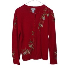 Tiara International Red Christmas Cardigan Embroidered Beaded Holiday Sweater M