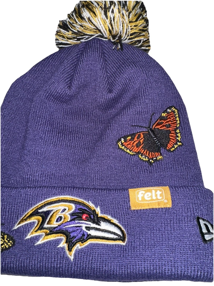 Baltimore Ravens Felt New Era Beanie Knit Pom Winter NFL TEAMS Hat Butterfly - Image 2 of 4