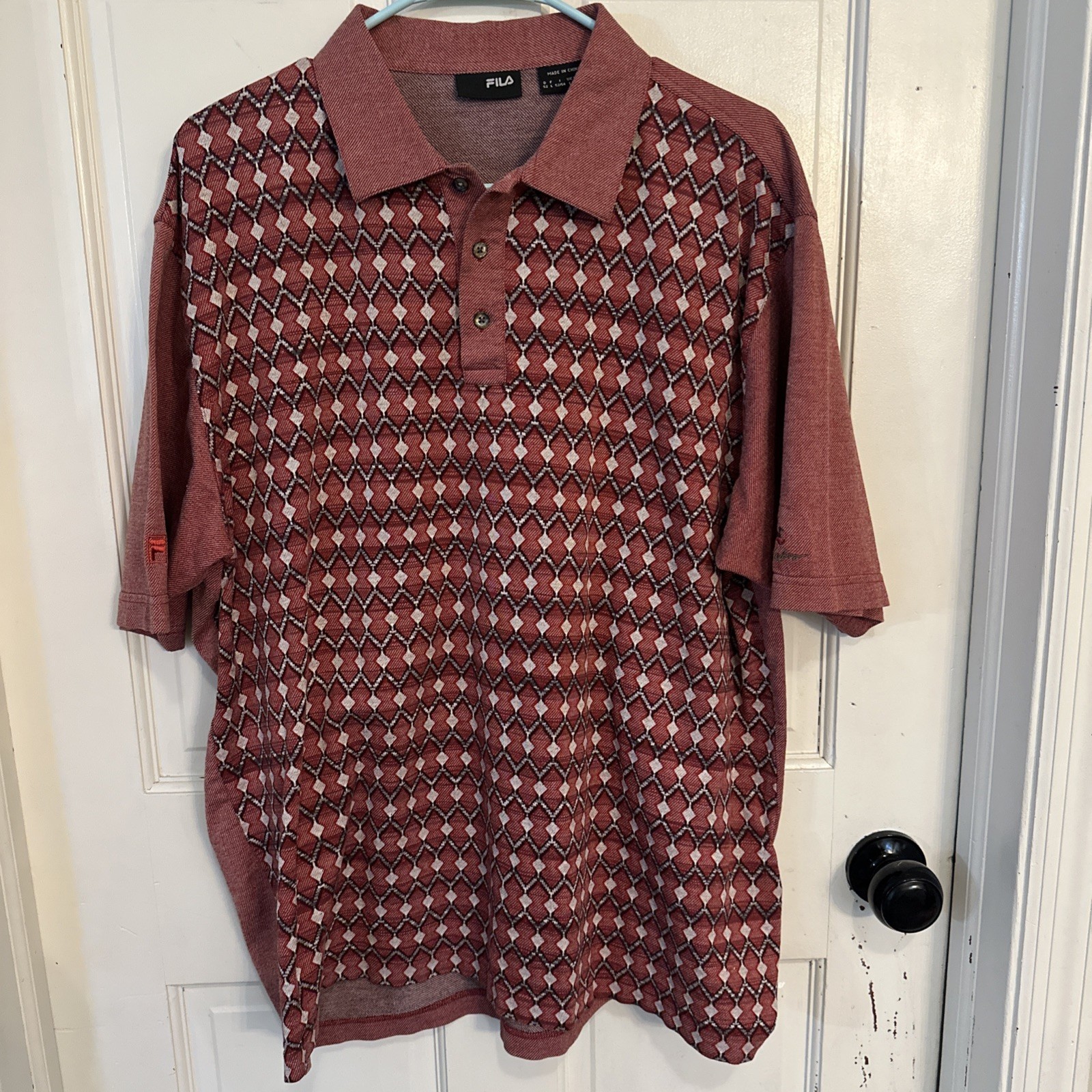 FILA Red Geometric Pattern 100percent MERCERIZED-COTTON Polo Size Large RARE