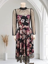 ELIZA J Black Floral Sheer Polka Dot Overlay Midi Cocktail Dress 12