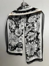 Vintage Brighton Sheer Silk Scarf Flowers Floral Rectangle Black Ivory 21 X 65