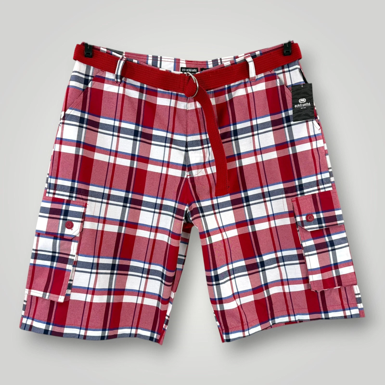 NEW Ecko Unltd Shorts Mens Size 48 Red Plaid Cargo Belted Classic Fit Big & Tall