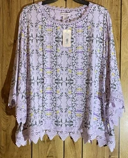 NWT ALLISON DALEY PLUS 3X  Purple Trellis Floral 3/4 Sleeve Crew Neck Lace Tunic