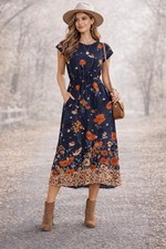 Emery Rose Floral Midi Dress M Navy Orange Cap Sleeve Elastic Waist Pockets Boho