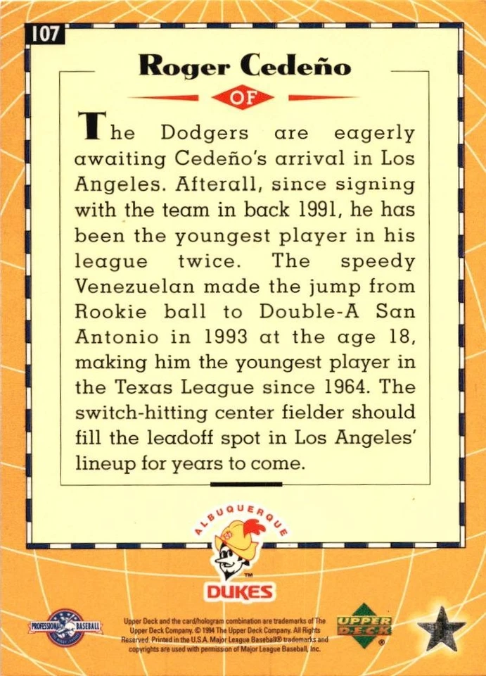 1995 Upper Deck Minor League #107 Roger Cedeno Future Stock GREAT CARD!! - Image 2 of 2